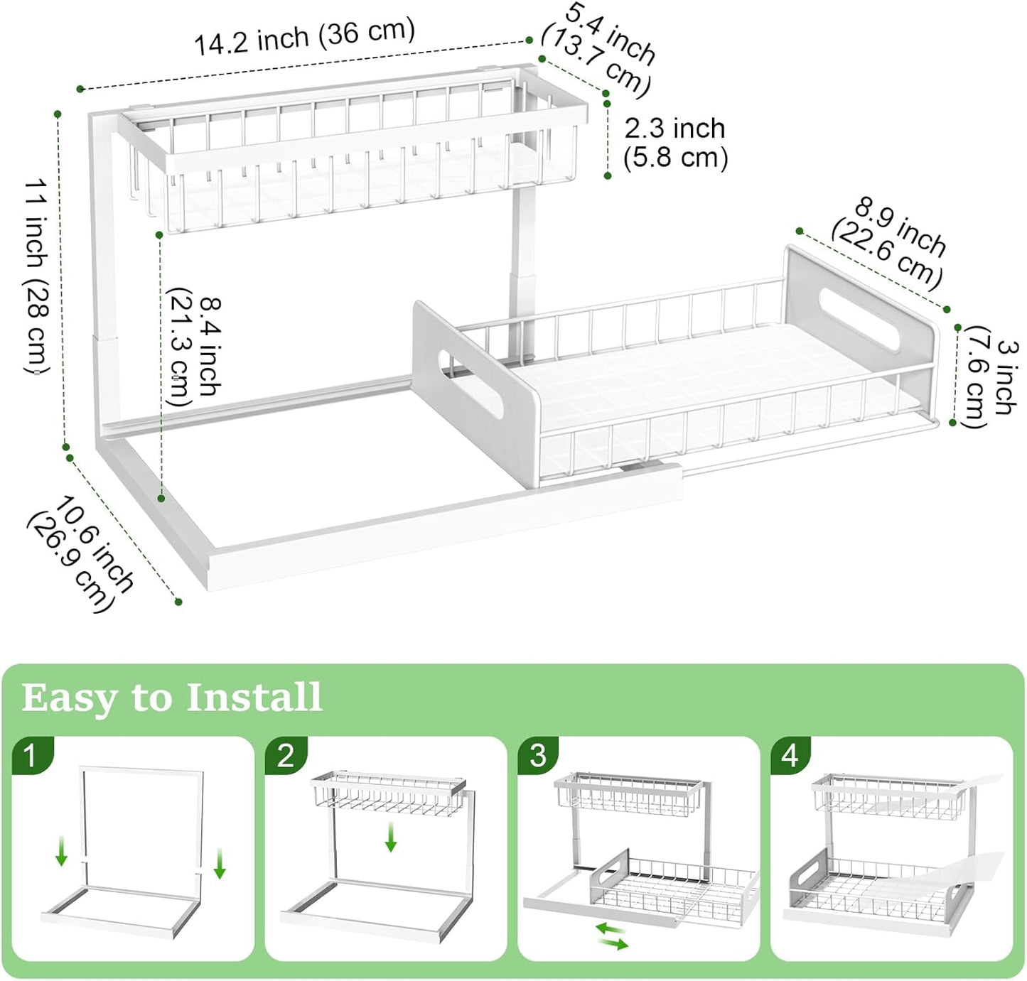 REALINN Under Sink Organizer - 2-Tier Pull-Out Cabinet Storage Shelf for Kitchen & Bathroom - White, 1 Pack