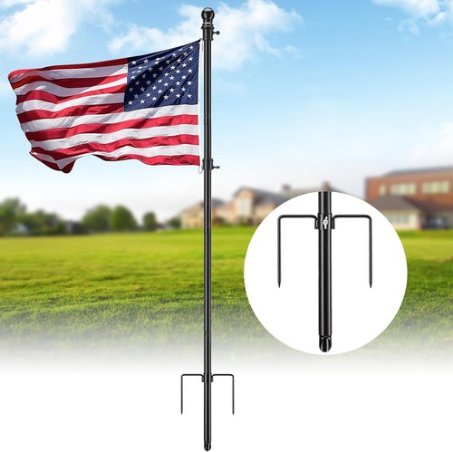Heavy Duty Ground Flag Pole Kit - 8.5FT Tangle-Free Inground Flagpole with Windproof Prong - Black