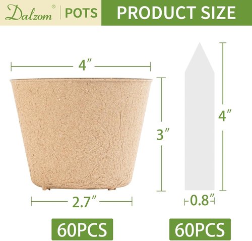 Dalzom® 60Pcs Biodegradable 4” Peat Pots - Perfect for Seedlings with Drainage Holes & Labels