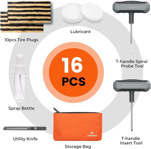 ETENWOLF Heavy-Duty Tire Repair Kit - 16 Pcs Plug Set for Cars, Motorcycles, ATVs, Trucks & More (Grey)