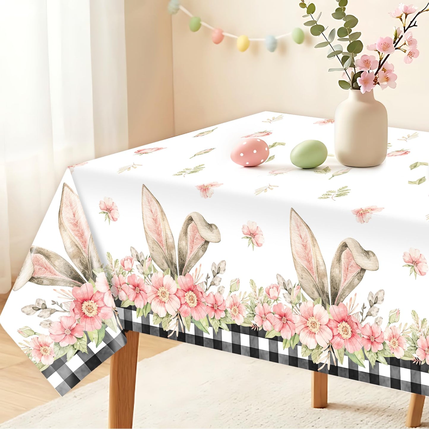 Vanulus 3PCS Spring Bunny Buffalo Plaid Tablecloth Disposable Waterproof Rectangular Bunny Ear Foot Flower Easter Plastic Table Cloth for Happy Easter Party Decorations Supplies 54x108 inch
