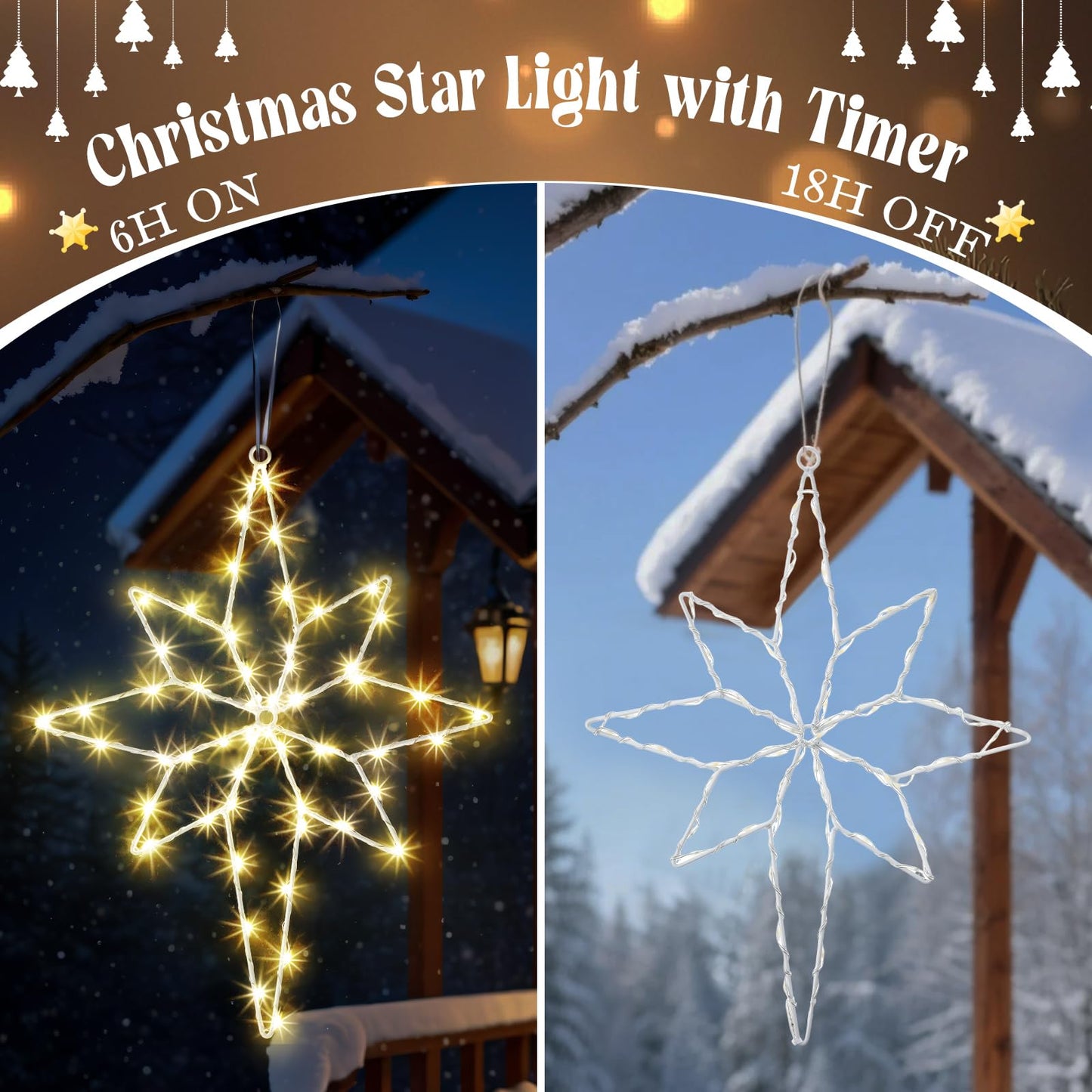 Hiboom Large 3 Pack Christmas Window Light Decorations, LED Bethlehem Christmas Star Window Silhouette Lights with Timer, 8 Models, Iron Frame, Battery Operated Lighted Xmas Star Decors(16 Inch)