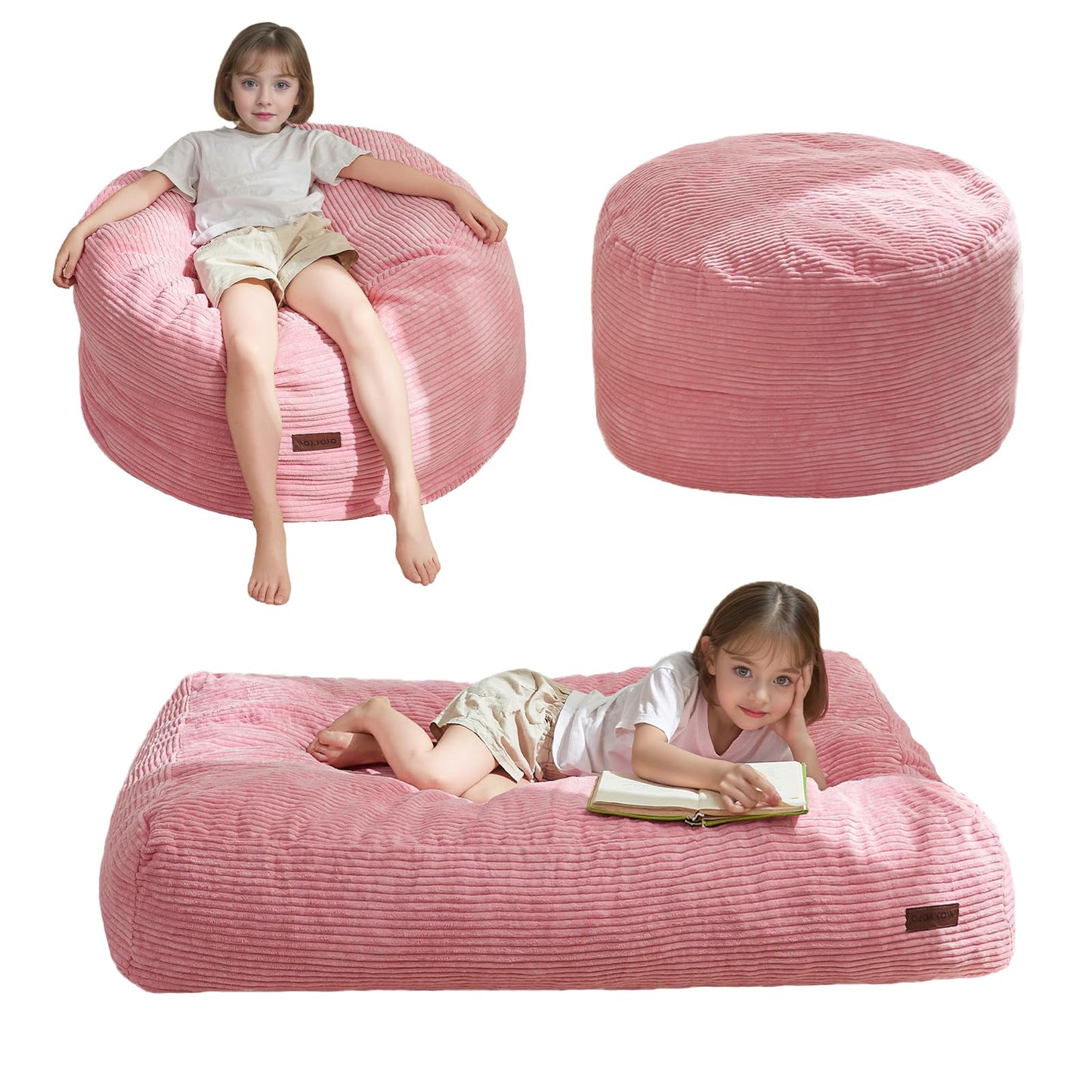MAXYOYO Bean Bag Chair Bed for Kids, Convertible Bean Bag Folds from Lazy Chair to Floor Bed, Machine Washable Corded Fabric, Stuffed Floor Sofa Couch for Boys and Girls, Pink