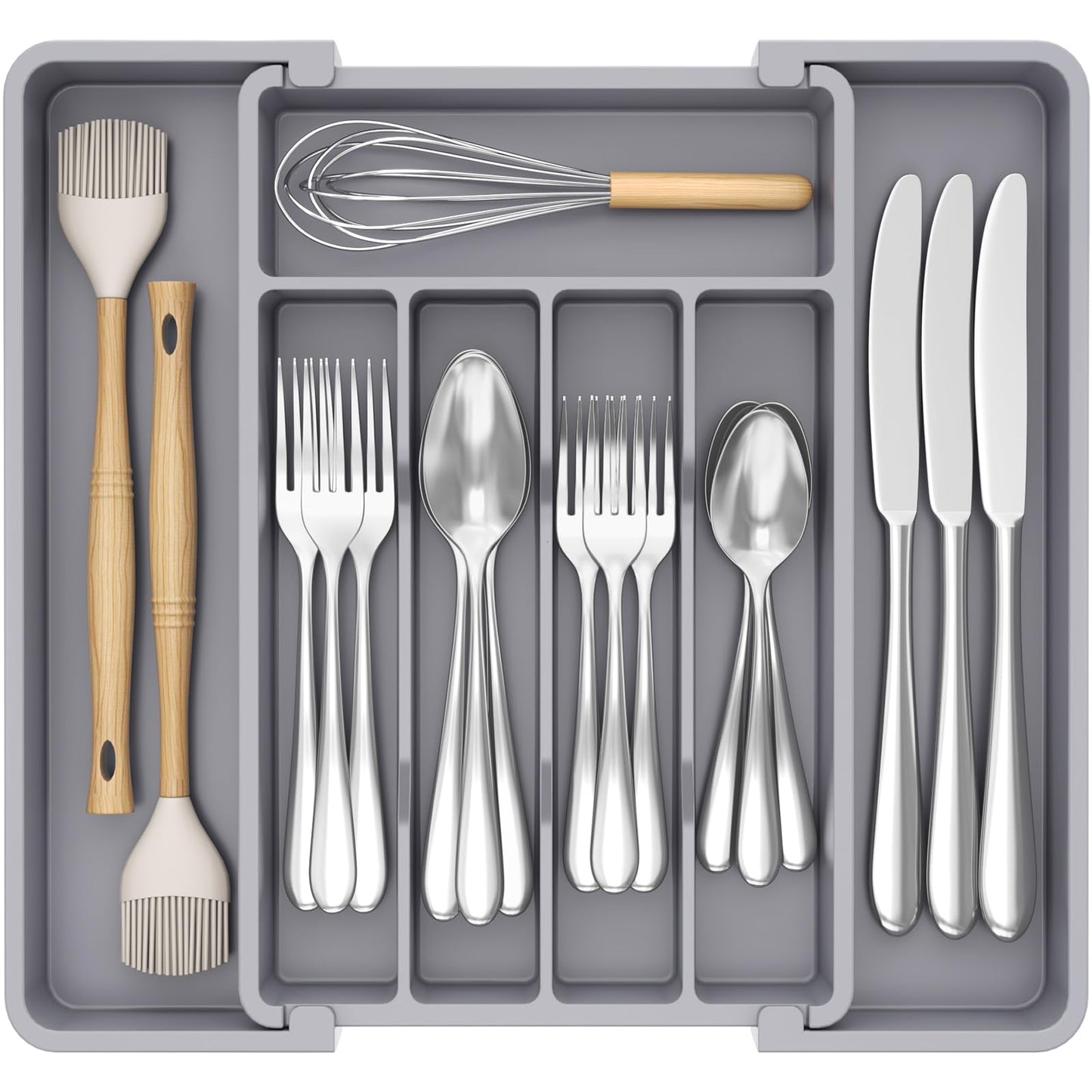 Lifewit Silverware Drawer Organizer, Expandable Utensil Tray for Kitchen, BPA Free Flatware and Cutlery Holder, Adjustable Plastic Storage for Spoons Forks Knives, 8.5-14 x 12", Gray