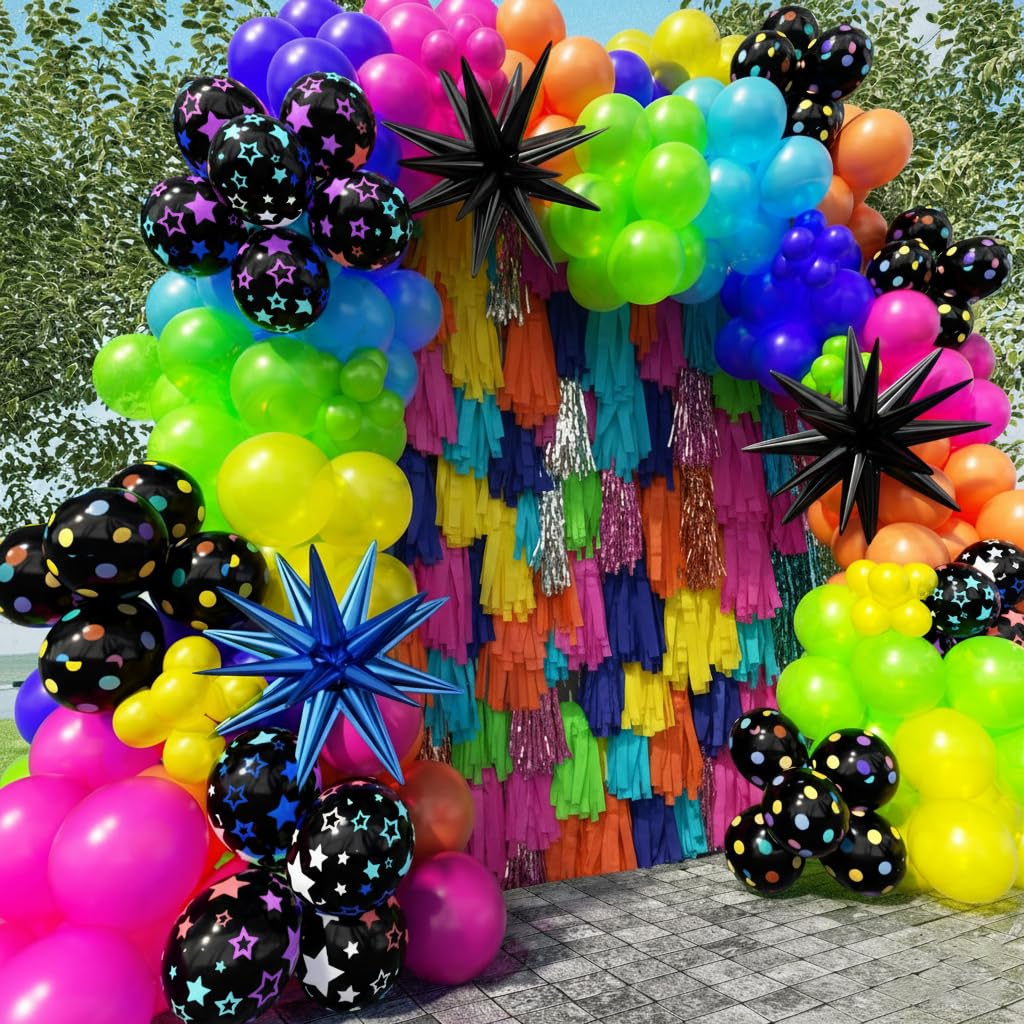 PTGOLUO 185Pcs Neon Balloons Arch Garland Kit with Glow in the Dark Balloons, Neon Balloons Arch Kit for Back to 80s 90s DISCO Birthday Party Decorations, Let's Glow Party, Rock Roll Party Supplies