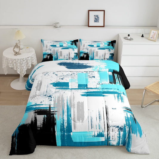 Abstract Comforter Set for Girls Boys Kids Modern Abstract Art Comforter Room Decorative Teal Blue White Black Bedding Set Luxury Duvet Set Queen Size 3Pcs Comforter Inner Fill