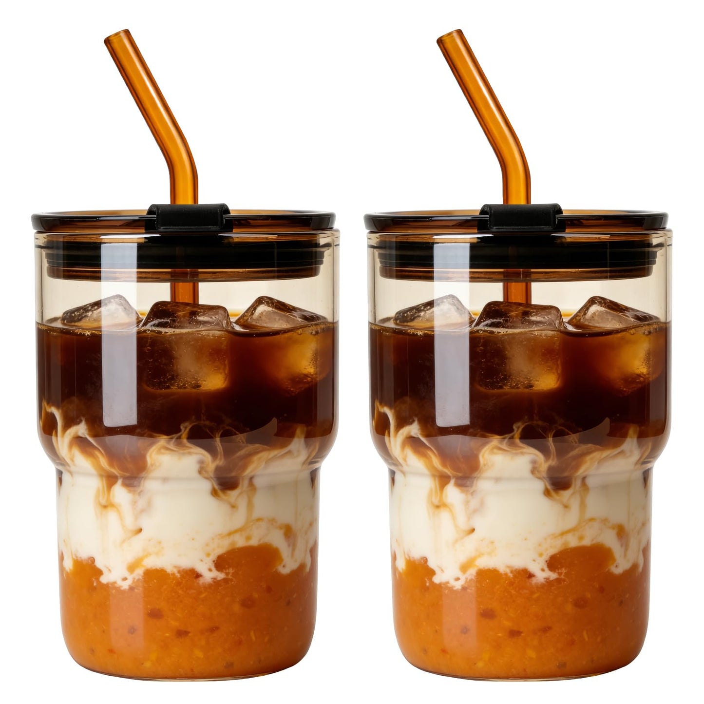 Luxfuel 16 oz Glass Tumbler with Lid & Straw, Reusable Iced Coffee Cup & Smoothie Cup, Leak-Proof Borosilicate Glass for Coffee, Iced Tea, Water – 2 Pack, Ideal for Office, Home & Travel, Amber