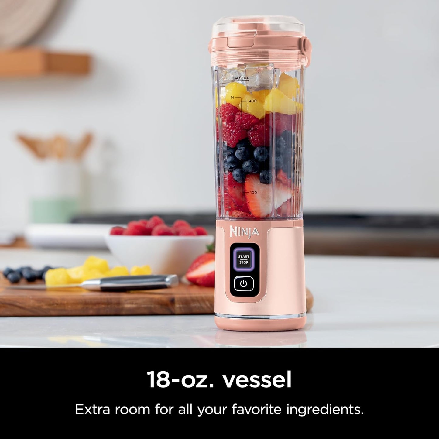 Ninja BC155PS Portable Blender - Cordless Personal Blender for Shakes & Smoothies | 18oz, BPA-Free, Rechargeable, Peach & Stone