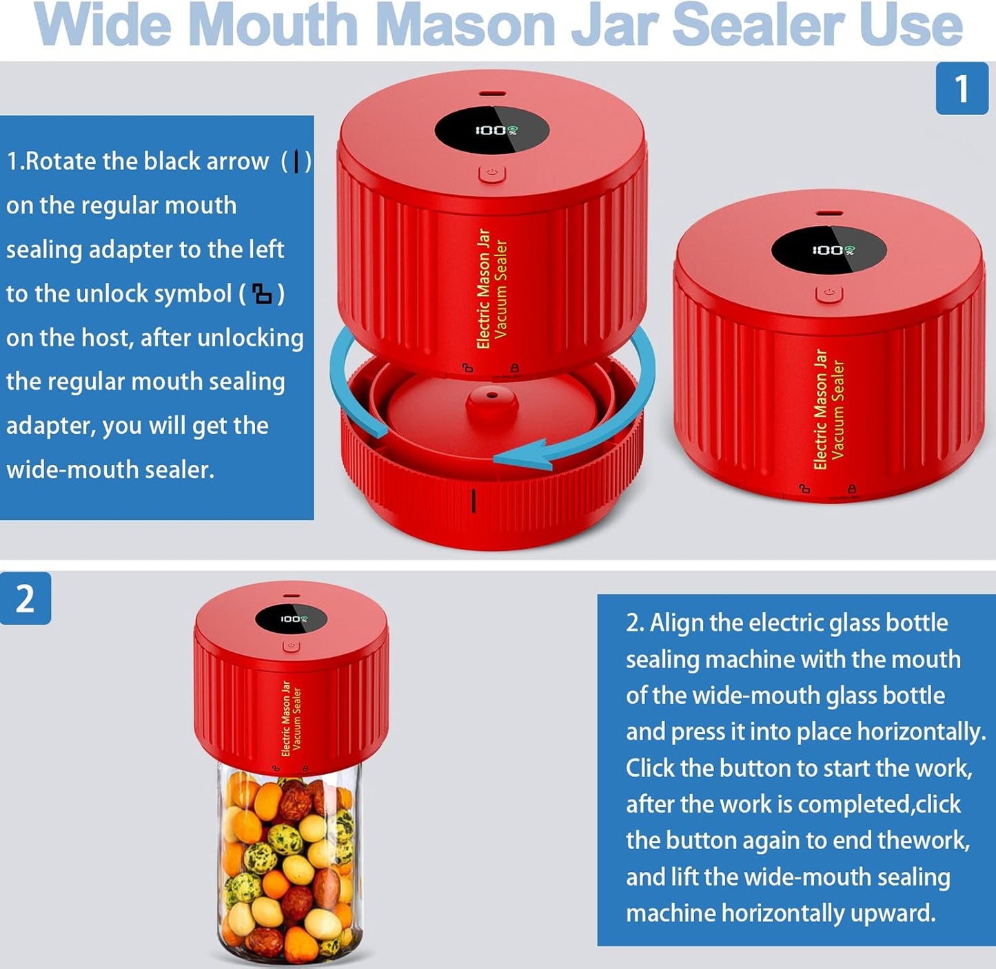 LOVE MOMENT Electric Mason Jar Vacuum Sealer Kit - Ideal for Wide & Regular Mouth Jars - Red