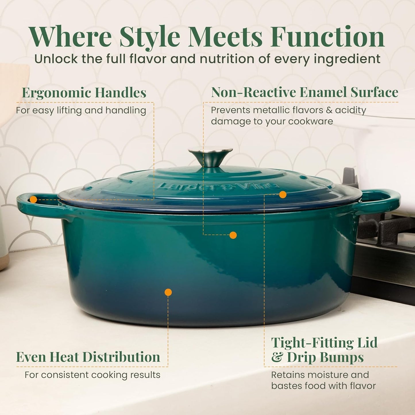 Larder & Vine Enameled Cast Iron Dutch Oven - 8 Qt | Ideal for Baking Sourdough Bread | Oven Safe to 500°F | Bondi Color