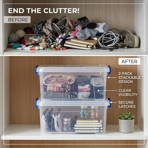 Clear Storage Bins by Sterilite - 9 Quart Stackable Plastic Boxes with Lids | 2 Pack
