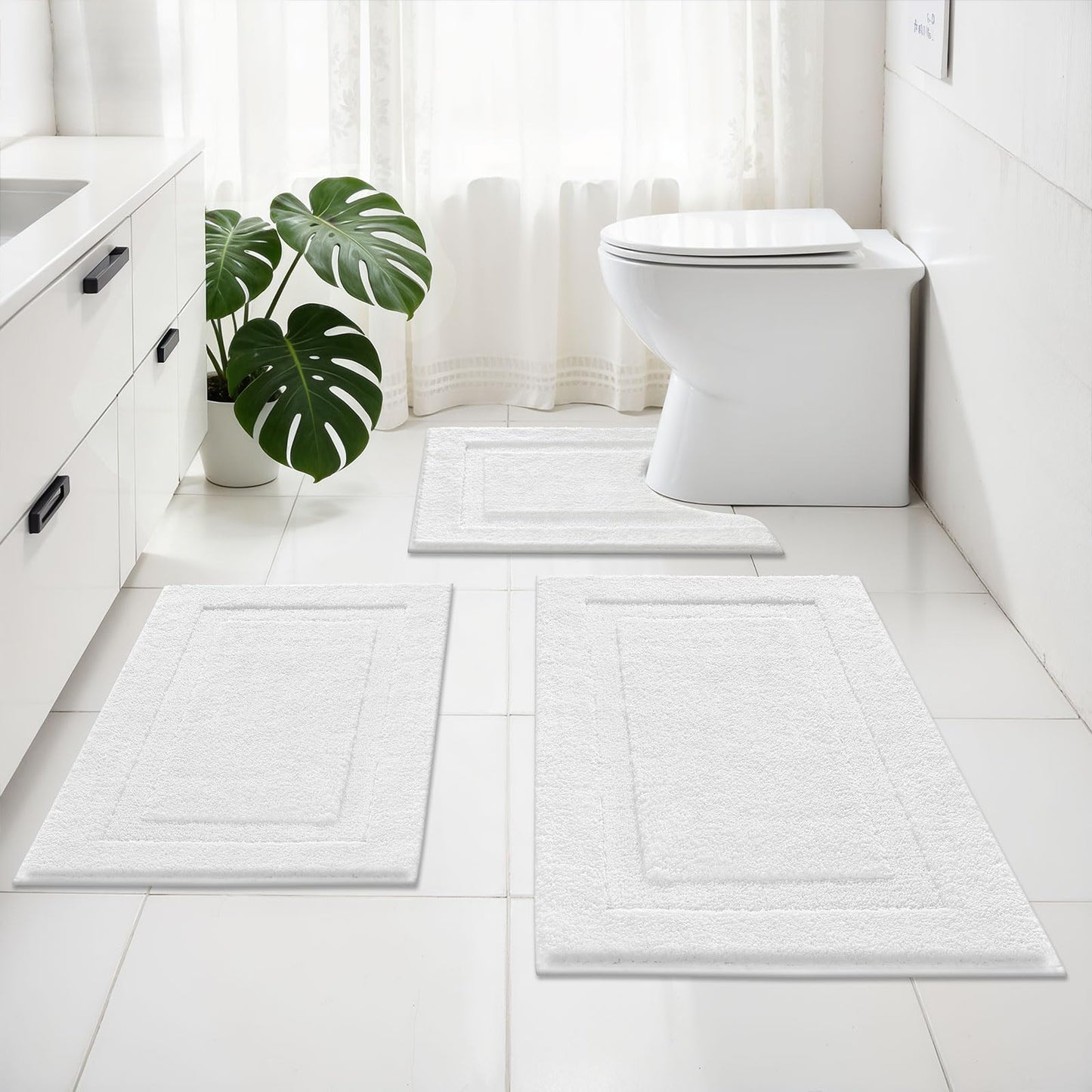 SHACOS White Bathroom Rugs Sets 3 Piece, 16"x24" + 20"x32" Non Slip Bath Mat and 20"x24" Toilet Rugs U Shaped Washable, Soft Fluffy Water Absorbent Bath Rugs for Bathroom