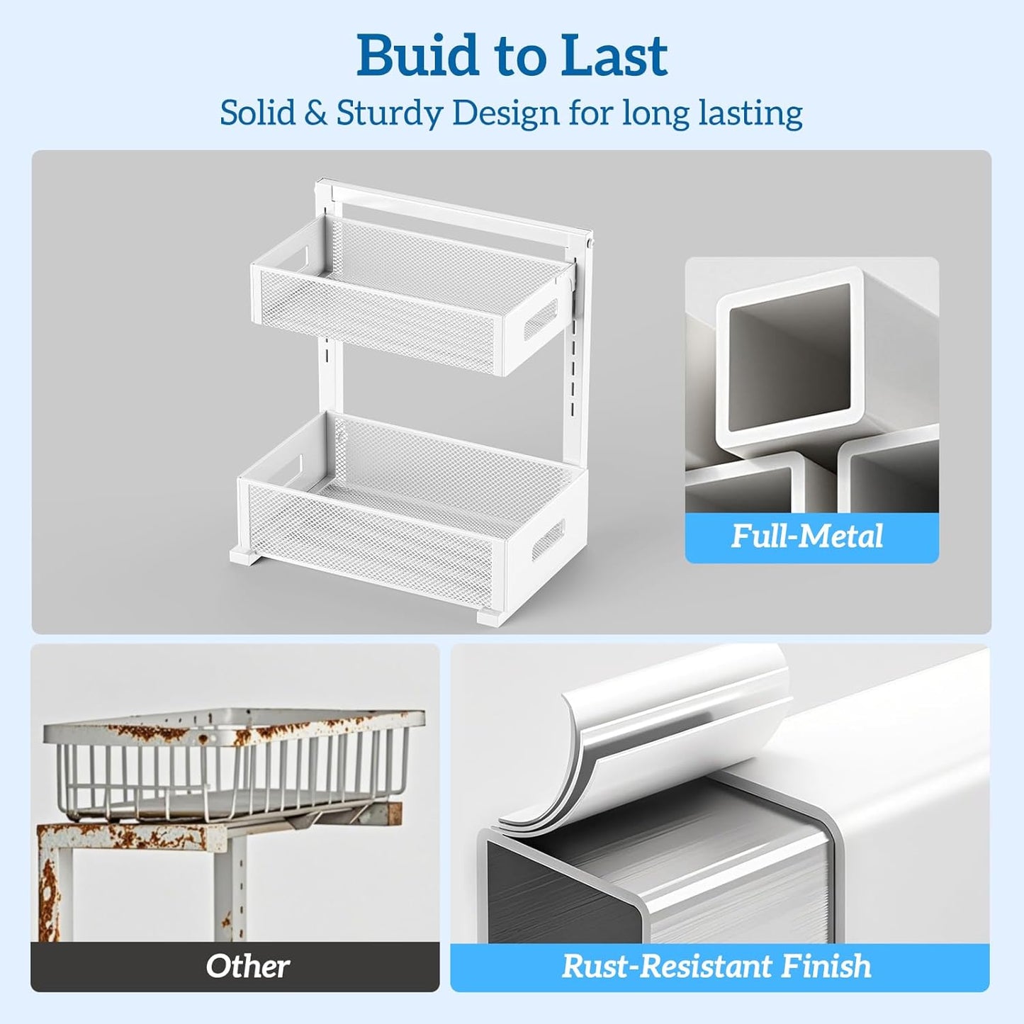 Skiennix Kitchen & Bathroom Organizer - Upgraded Guide Rail Design for Smooth Pull-Out | XL White Cabinet Storage
