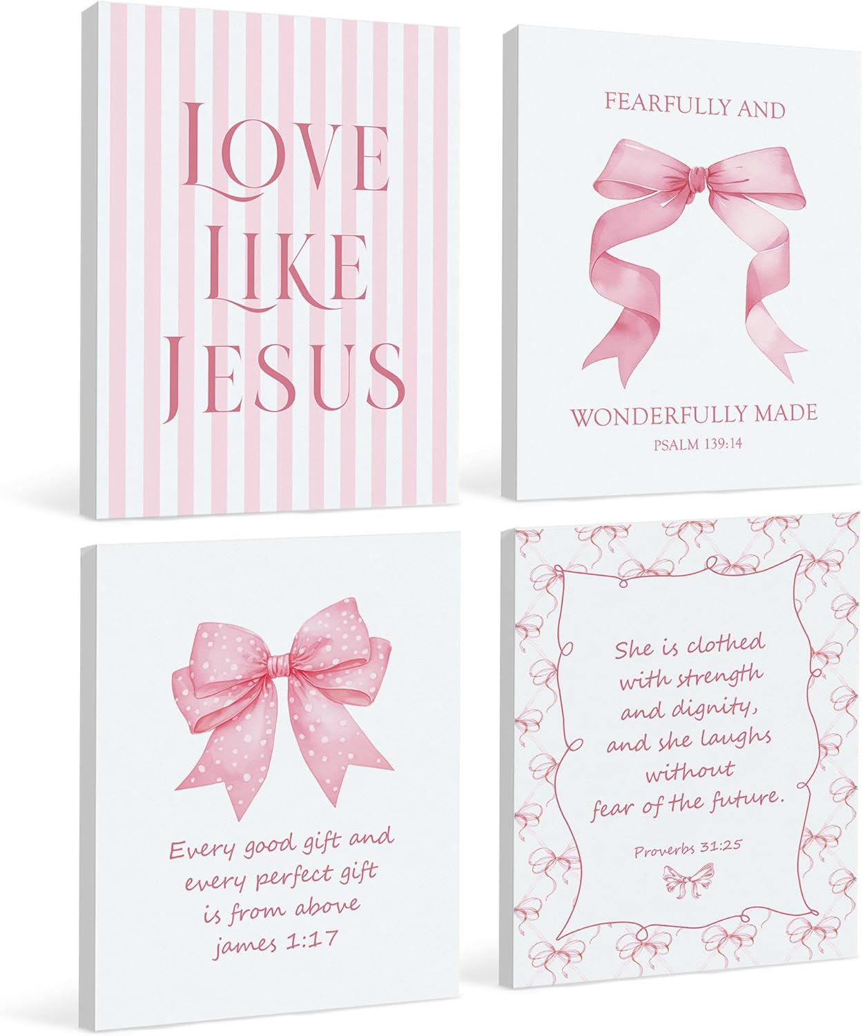 LARTSFRO Coquette Pink Bow Canvas Wall Art - Inspirational Bible Verses | Set of 4, 11x14 Inch for Teen Girls' Rooms