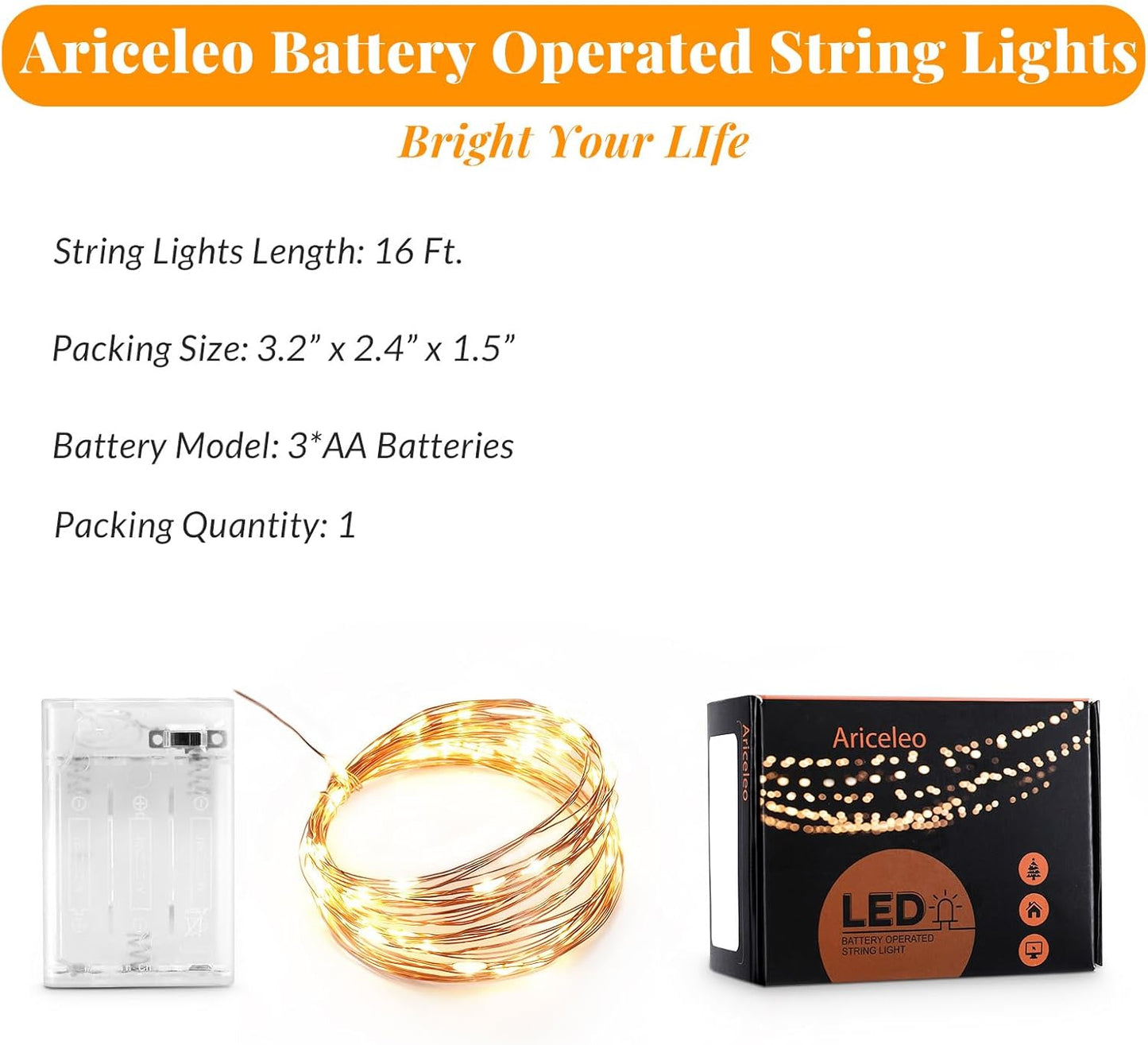 Ariceleo LED Fairy Lights - Battery Operated Copper Wire String Lights | 16ft Warm White for Bedroom & Events