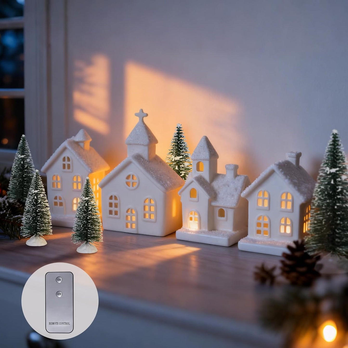 Regine Switzerland Light Up Christmas Village Set - 4 Ceramic Houses & 5 Xmas Trees | Winter White Decor