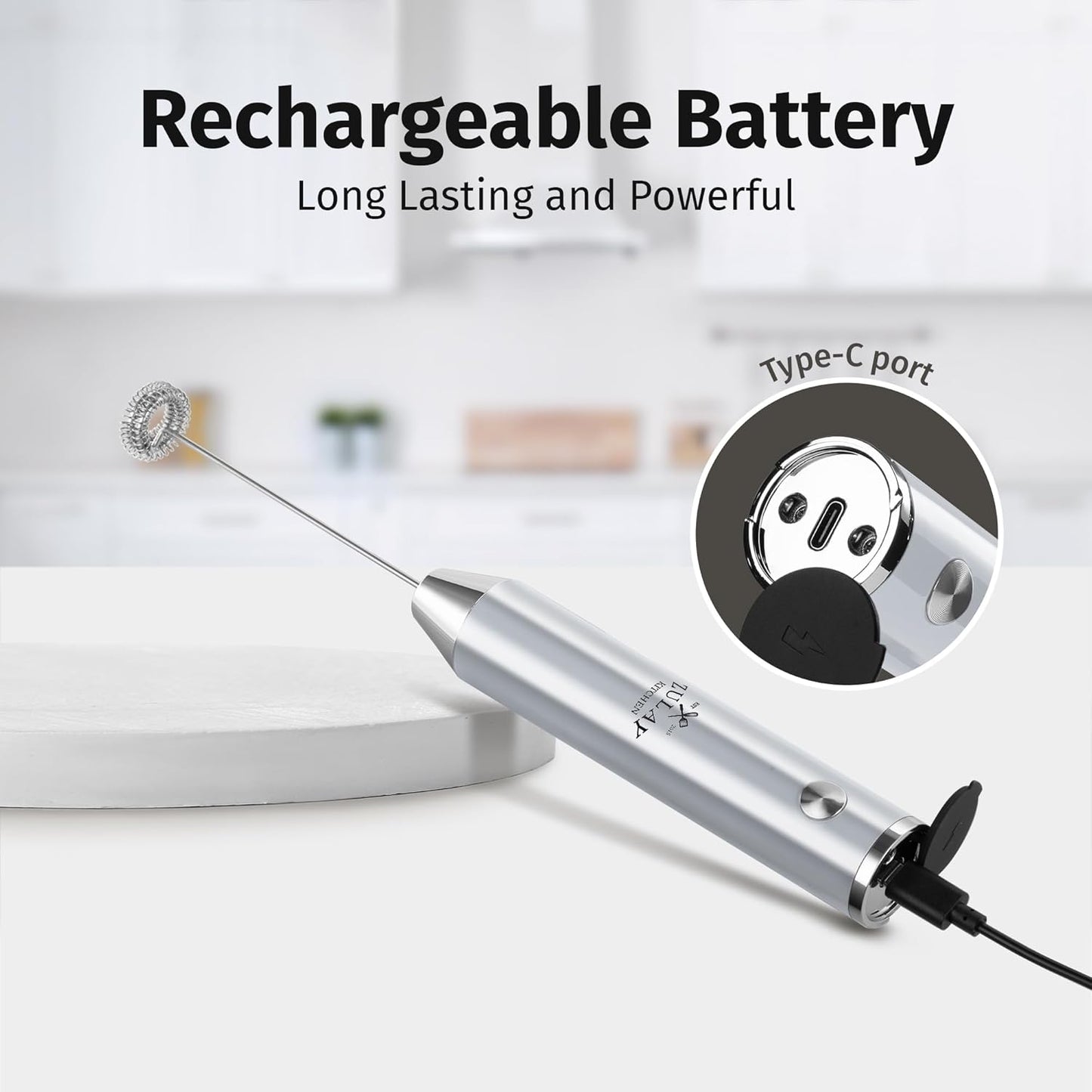 Zulay Kitchen Rechargeable Milk Frother - Powerful 2-Speed Motor, Waterproof Design | 2000mAh Battery - Perfect for Lattes, Cappuccinos, Matcha & Protein Drinks - Pure Silver