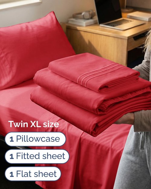 Comfy Twin XL Sheet Set by [Brand Name] | 3-Piece Cooling Bedding - Ultra-Soft, Deep Pockets, Wrinkle-Free - Oeko-Tex Certified, Red