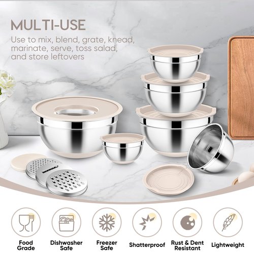 E-far 25PCS Mixing Bowls with Lid Set, Stainless Steel Nesting Prep Bowls with Grater Attachments Non-Slip Bottoms for Cooking, Serving, Food Storage, 4.6/2.6/2/1.5/1/0.7QT - Khaki
