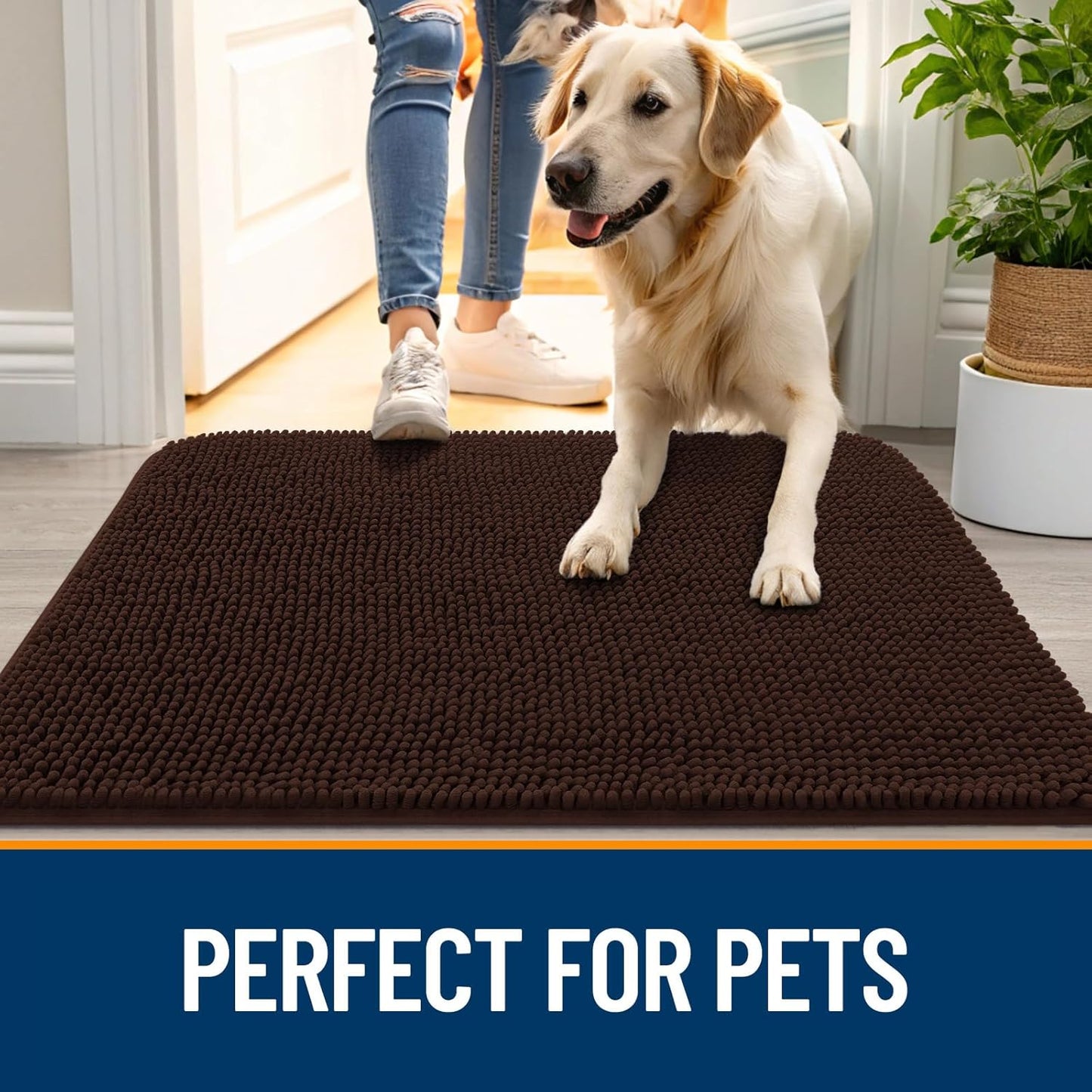 OLANLY Dog Door Mat - Absorbent Non-Slip Chenille for Muddy Paws | 40x24 Inches, Quick Dry, Brown