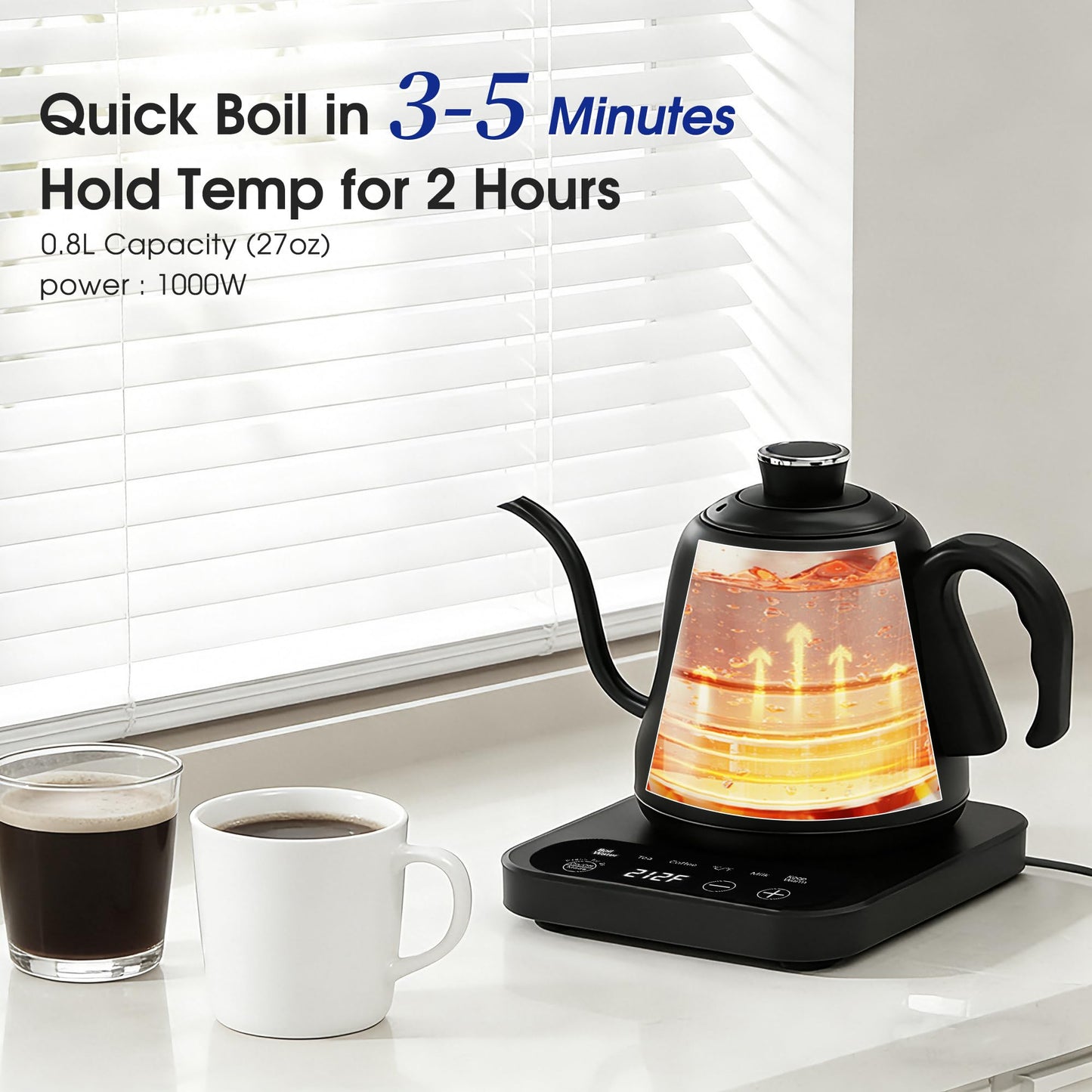 Gooseneck Electric Kettle Temperature Control: ±1℉ Precise Target & Keep Warm, Quick Heating 316L Stainless Steel Electric Kettles for Boiling Water, Pour Over Coffee, Brew Tea & Milk, 1000W/0.8L