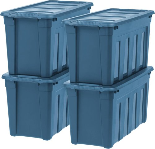 IRIS USA 31 Gallon Eco-Friendly Storage Totes - Heavy Duty, Easy-Grip Handles, 4 Pack | Durable Navy Bins with Lids