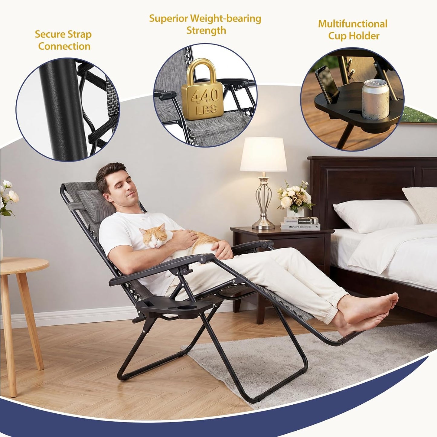 Sweetcrispy Zero Gravity Chairs - Set of 4 Portable Recliner Lounge Chairs with Cup Holders | Grey