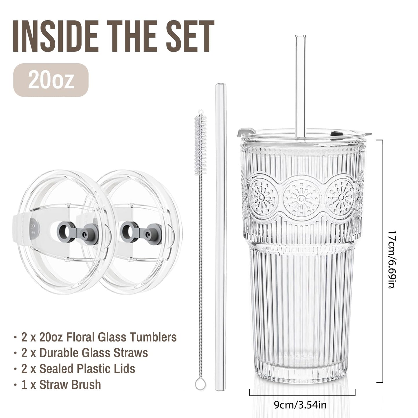 SoulTimes 20oz Ribbed & Floral Glass Tumbler Set of 2 – Reusable Glass Cups with Lid and Glass Straw, Iced Coffee Cups for Water, Smoothie, Milk, Cocktail & More – Perfect for Daily Use & Travel