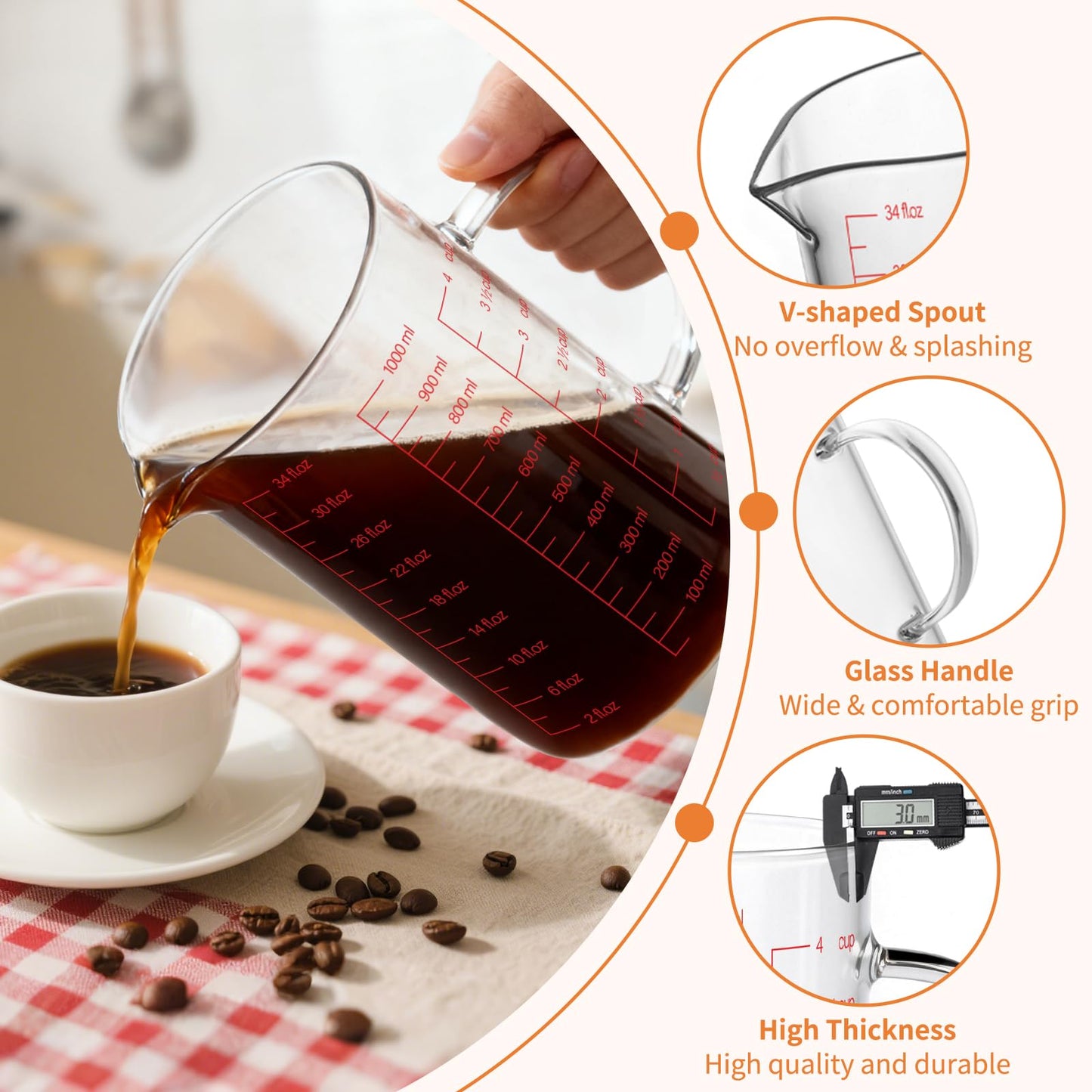 Luvan 34OZ/1000ML Glass Measuring Cup, 4 Cup Glass Measuring Cups With 3 Scales (Ml/Oz/Cup), High Borosilicate Measuring Cup With Handle and V-Shaped Spout, Dishwasher/Freezer/Microwave Safe