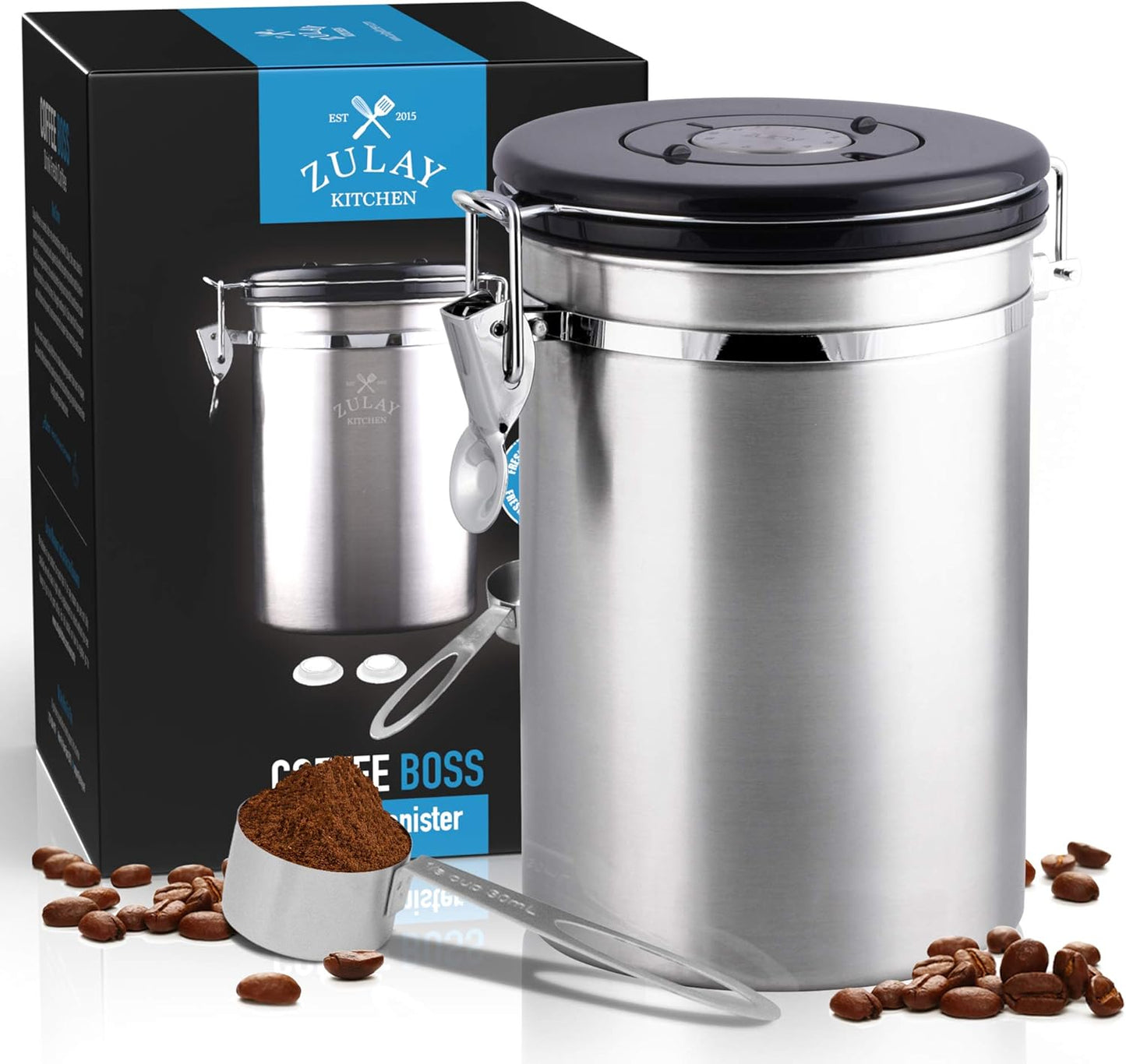 Zulay Airtight Coffee Canister - Stainless Steel Storage with Scoop, Date Tracker & CO2 Valve | Large Size