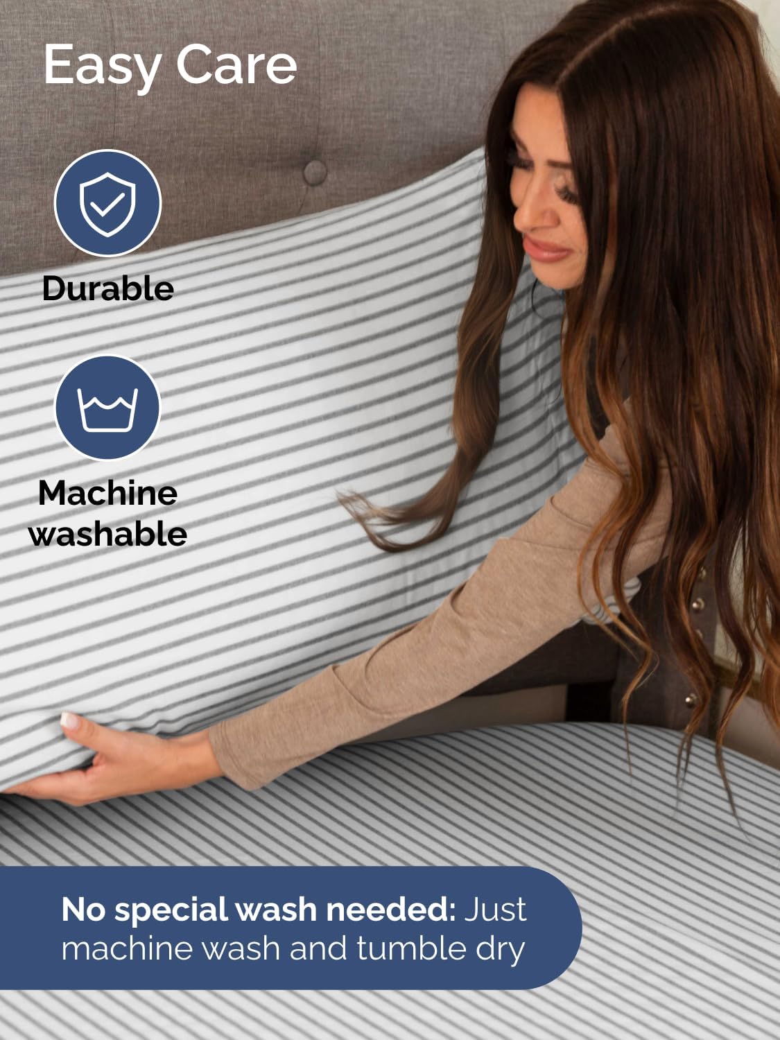 Skiennix Extra Deep Full Sheet Set - 6 Piece Breathable Cooling Bedding - Soft Wrinkle-Free Grey Stripes