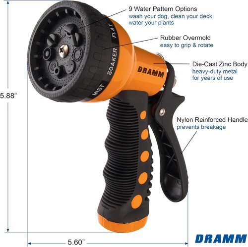 Dramm Revolver Heavy Duty Metal Garden Hose Nozzle - 9 Spray Patterns, Ergonomic Grip, High Pressure - Orange