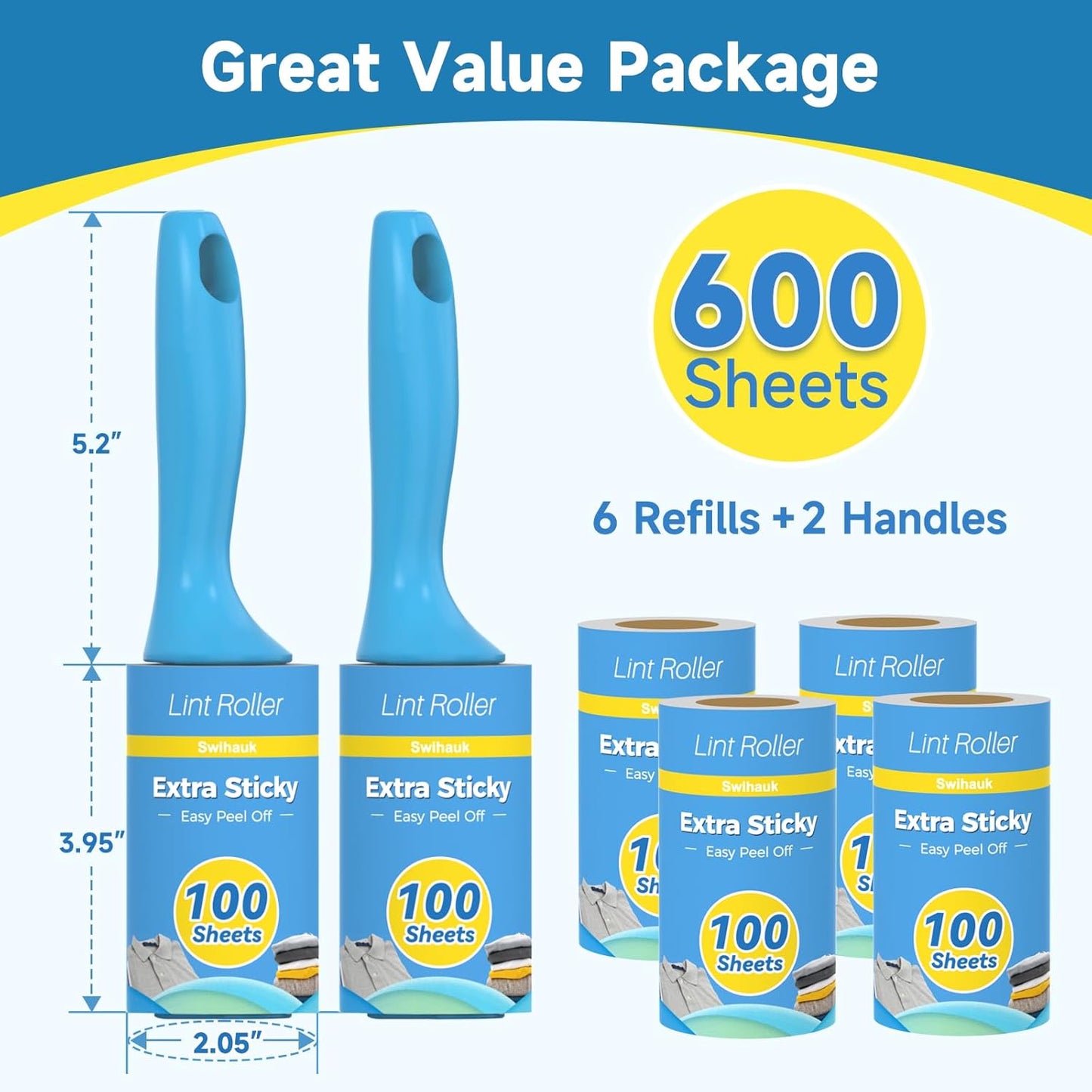 Swihauk Lint Rollers - 600 Sheets Extra Sticky Pet Hair Remover with Ergonomic Handle | Ideal for Clothes & Furniture