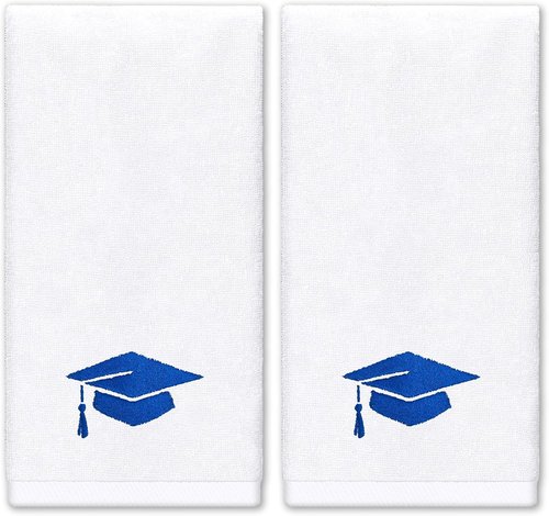 FYSUIMU Graduation Hand Towels - Embroidered Cotton Blue Diploma Cap | Absorbent 29.5 x 13.7 Inch