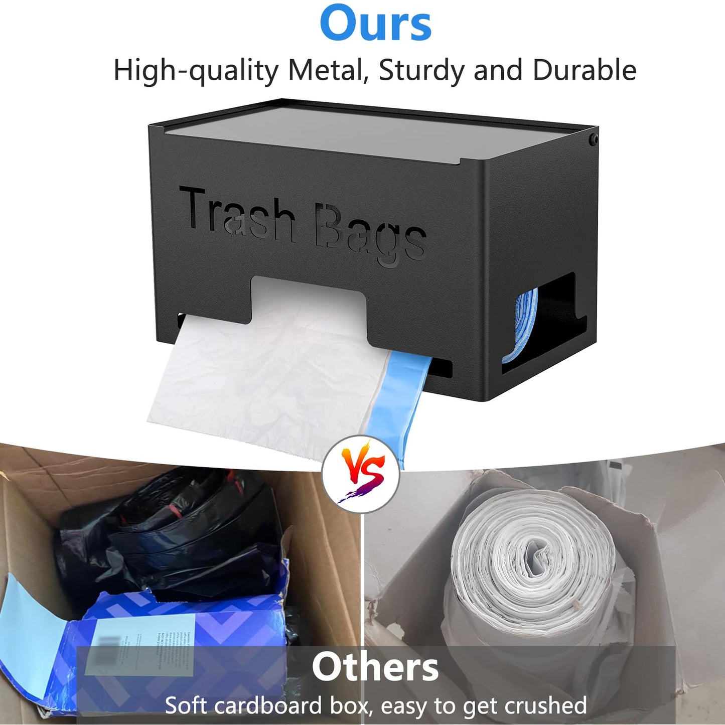 STWWO Large Trash Bag Holder Dispenser, Metal Garbage Bag Dispenser Roll Holder, Kitchen Trash Storage Organizer for Under Sink, Wall Mounted or Freestanding, Black