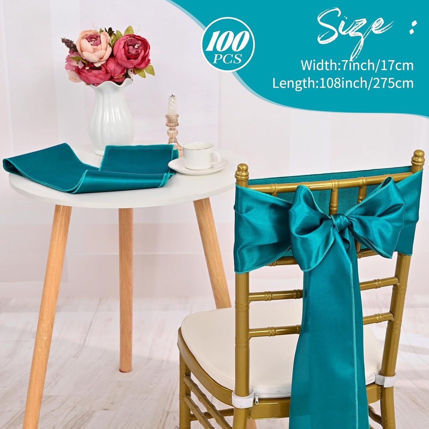 Skiennix 100 PCS Satin Chair Sashes - Turquoise Decorative Ribbon Ties for Weddings & Events | 7 x 108 Inch