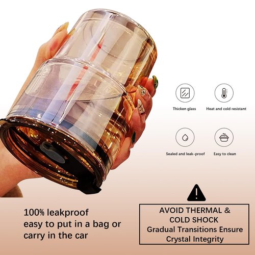 BLUEPOLAR 13 oz Tumbler Water Glass, Water Bottle with Straw and Dustproof Lid, Coffee Ice Cup Double Wall Insulated Glass Cup (Amber-Ribbed)