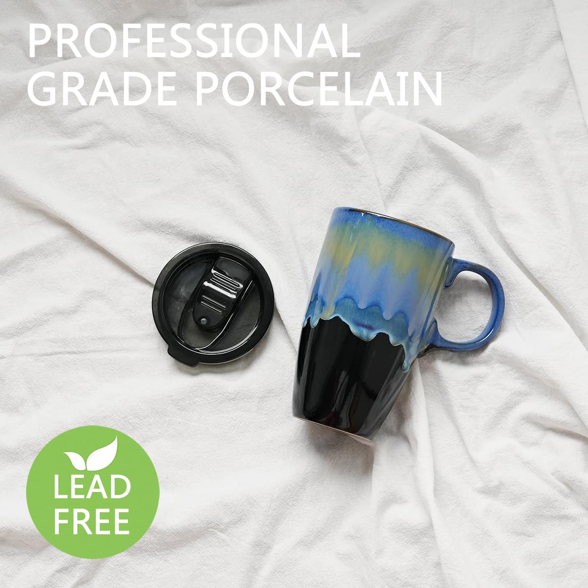Bosmarlin Ceramic Travel Coffeel Mug with Handle and Lid, 18 oz, Portable Coffee Cup for Car Cup Holder, Microwave and Dishwasher Safe, Reactive Glaze (Blue)