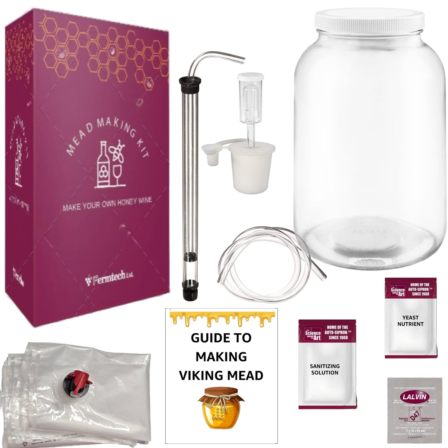 15 Pcs Standard Mead Making Kit - Reusable Make Your Own Mead Kit - Yields 1 Gallon of Mead | Beer Wine Fruit Wine Kombucha Compatibility
