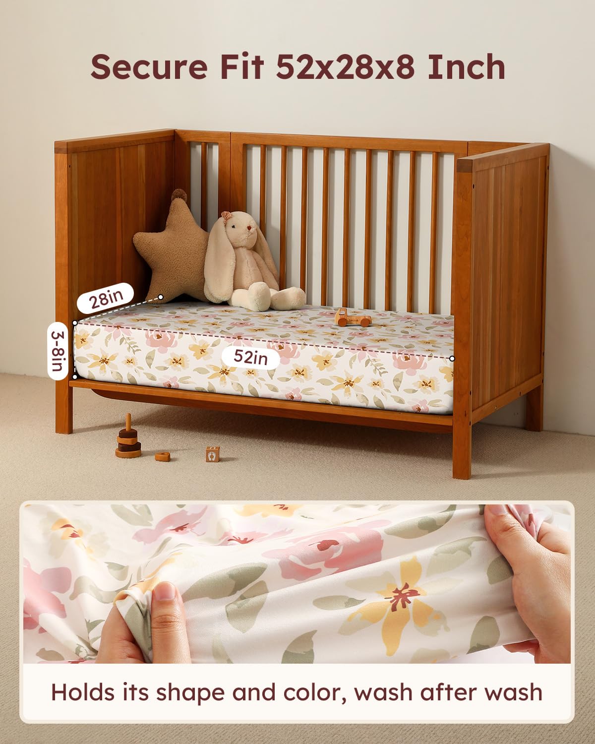 Unnivoll Fitted Baby Crib Sheets - Soft Microfiber 3-Pack for Standard Crib & Toddler Mattress | Pink Floral Design, 28x52x8in