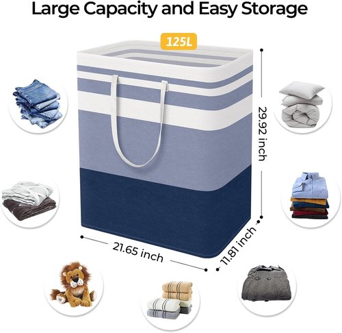 HomeHacks Large Waterproof Laundry Basket - Collapsible Tall Hamper with Extended Handles | 125L, Blue