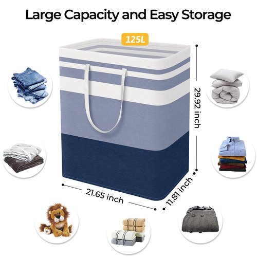 HomeHacks 2-Pack Large Laundry Basket, Waterproof, Freestanding Laundry Hamper, Collapsible Tall Clothes Hamper with Extended Handles for Clothes Toys in the Dorm and Family (Blue, 125L)