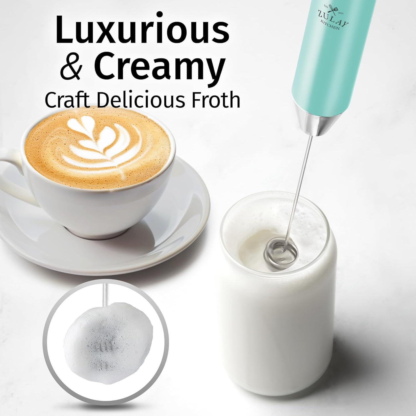 Zulay Kitchen Rechargeable Milk Frother - Powerful 2-Speed Motor, Waterproof, 2000mAh Battery | Sky Blue Drink Mixer for Latte, Cappuccino & Matcha