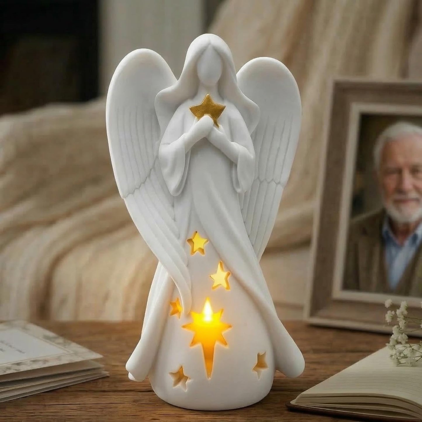 OakiWay Star Angel Tealight Candle Holder - Flickering LED for Memorial & Bereavement Decor