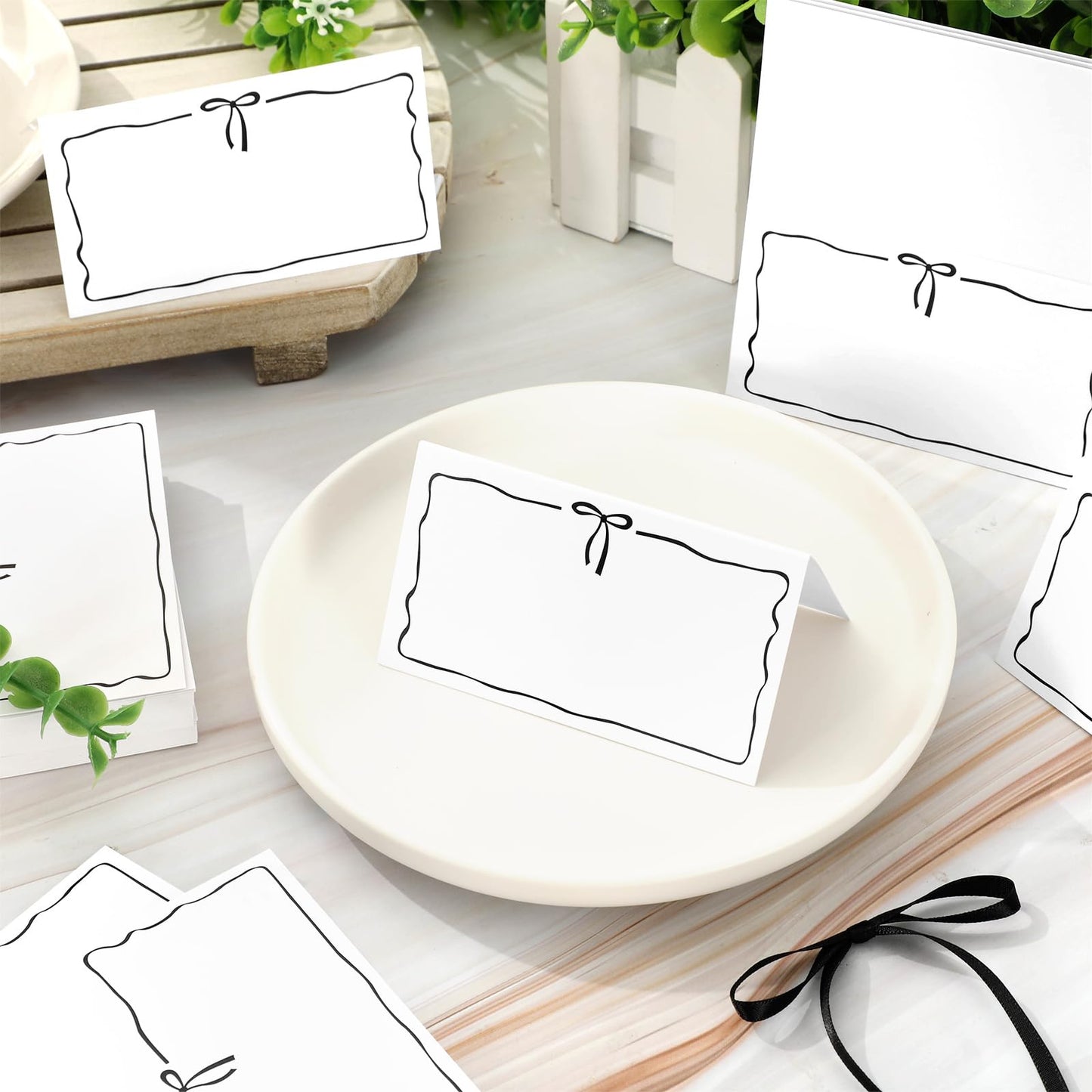 Whaline 100Pcs Bow Place Cards 2 x 3.5 Inch Cute Black Bow Knot Tent Name Cards Blank Seat Assignment Labels for Coquette Birthday Party Table Setting Supplies