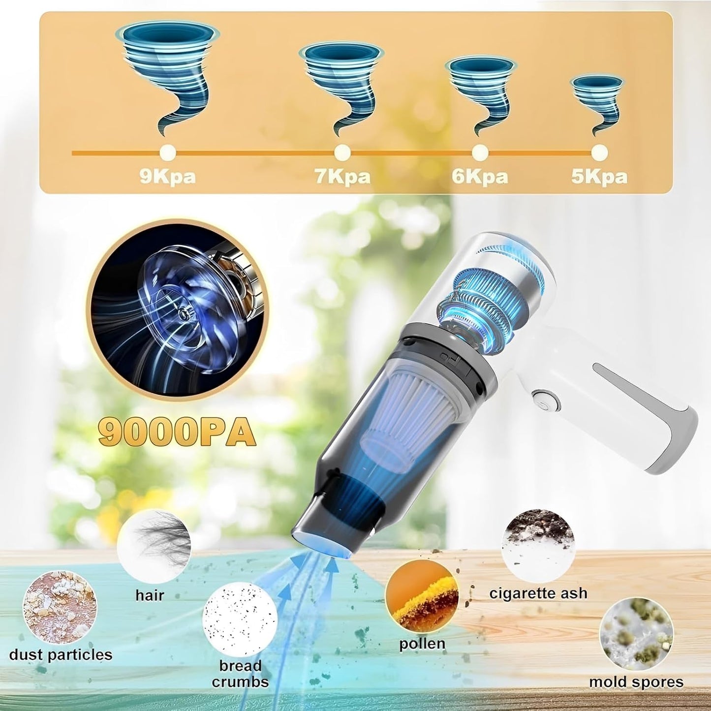 Skiennix Mini Cordless Car Vacuum - High Power 9000PA Suction | Portable 3-in-1 Handheld Cleaner & Air Blower