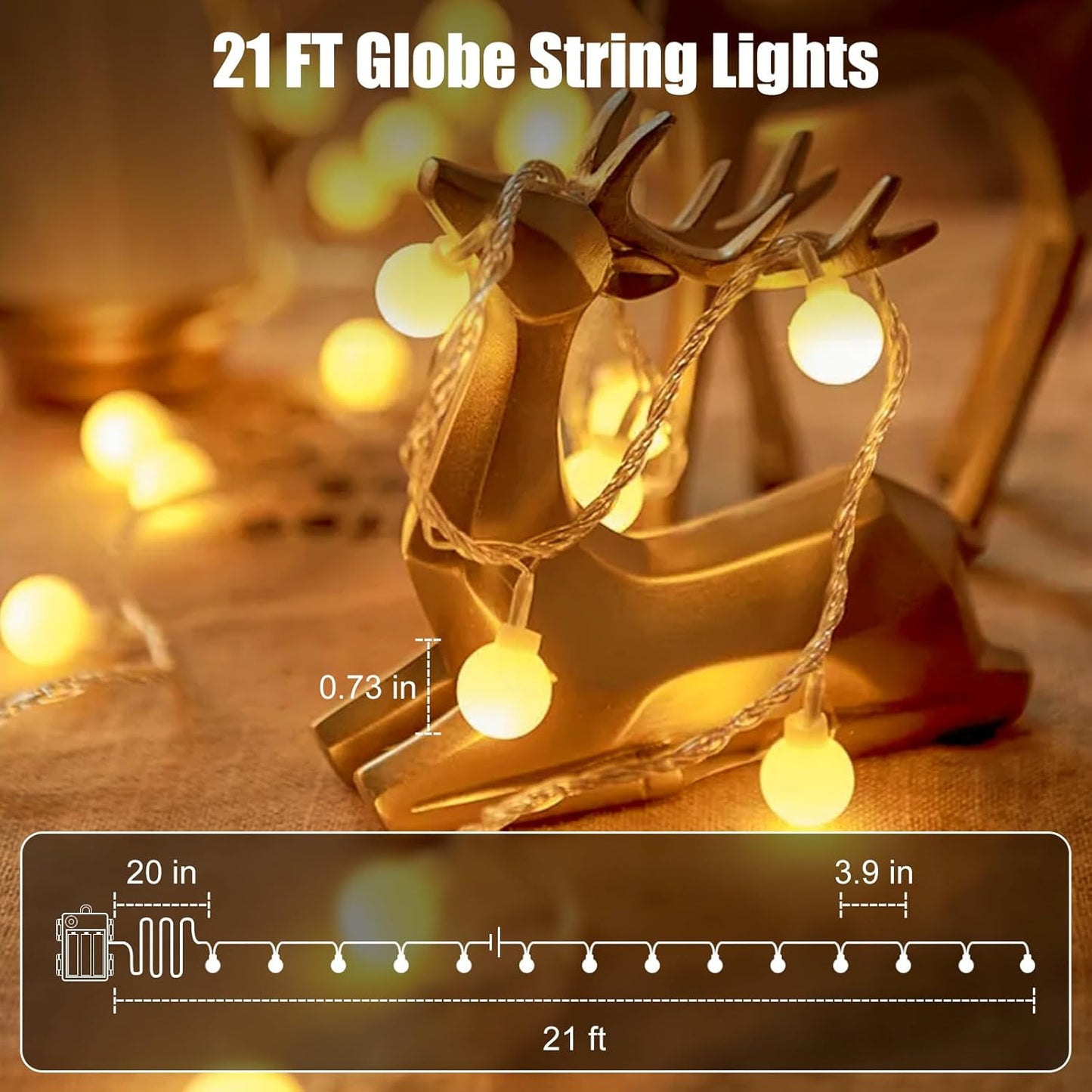 Minetom 21FT Battery Operated String Lights - 60 LED Waterproof Globe Fairy Lights with Remote | Warm White for Indoor & Outdoor Decor
