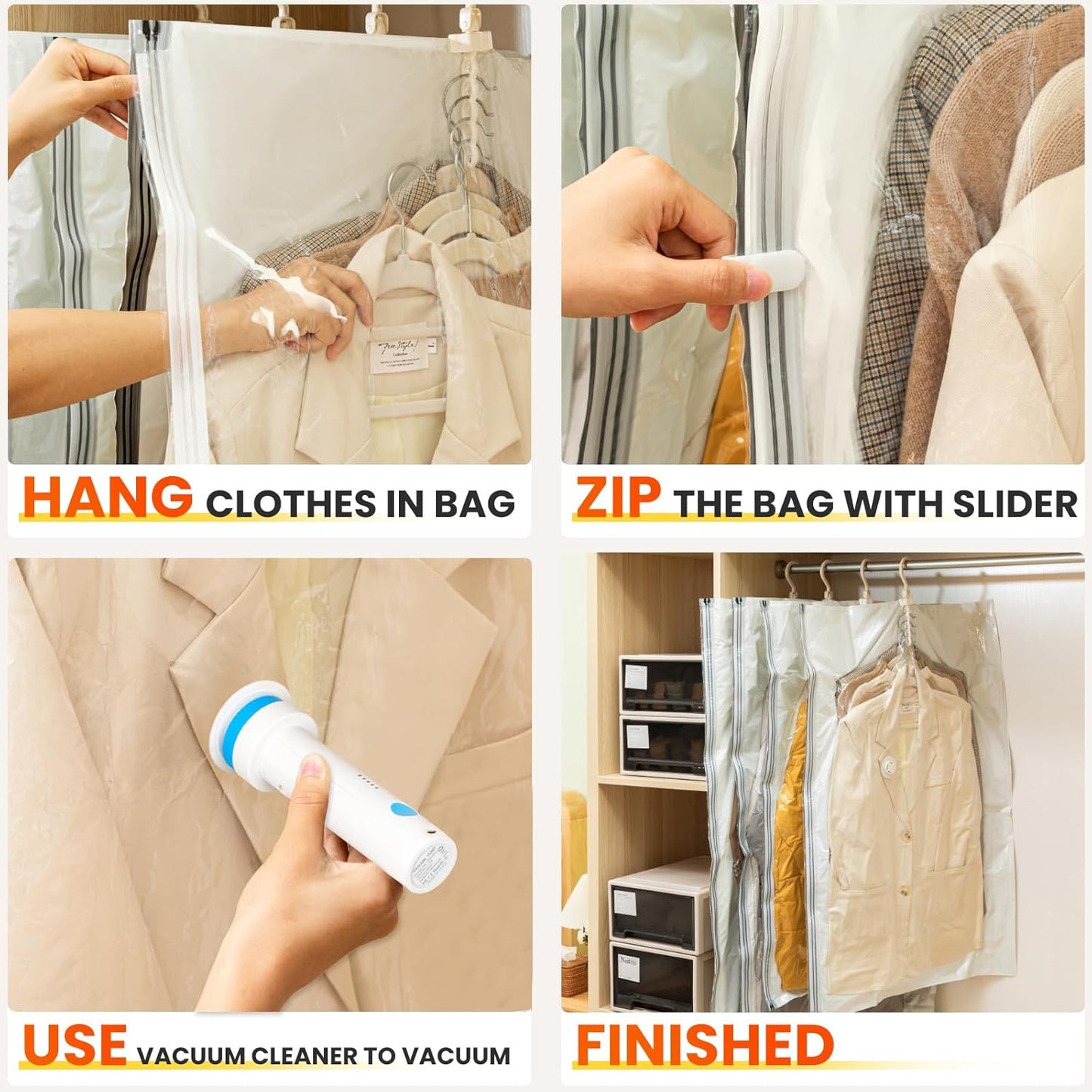 Skiennix Hanging Vacuum Storage Bags - 6 Pack with Electric Pump for Clothing | Space Saver for Suits & Jackets