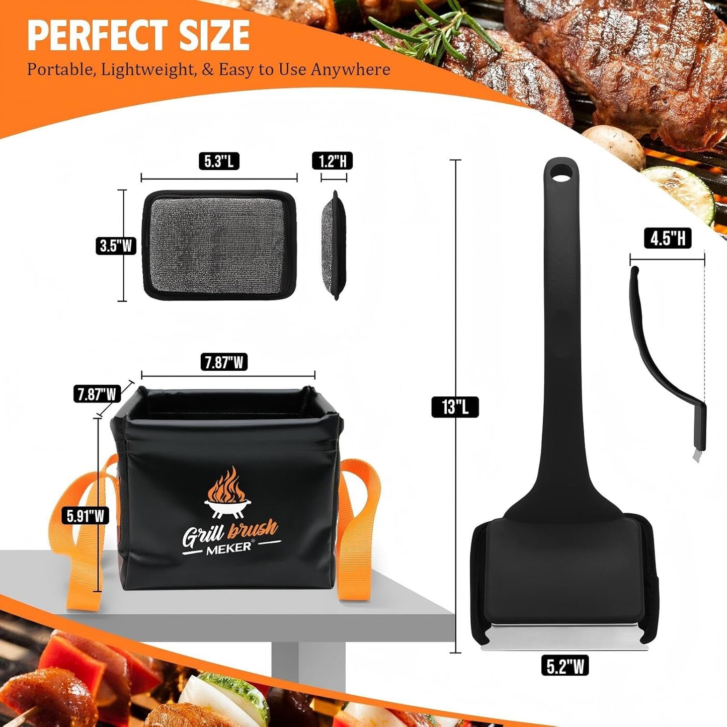 MEKER Grill Brush - Bristle-Free Design with Collapsible Bucket | 7-Piece Cleaner Set, Portable Dunk Tank, Black