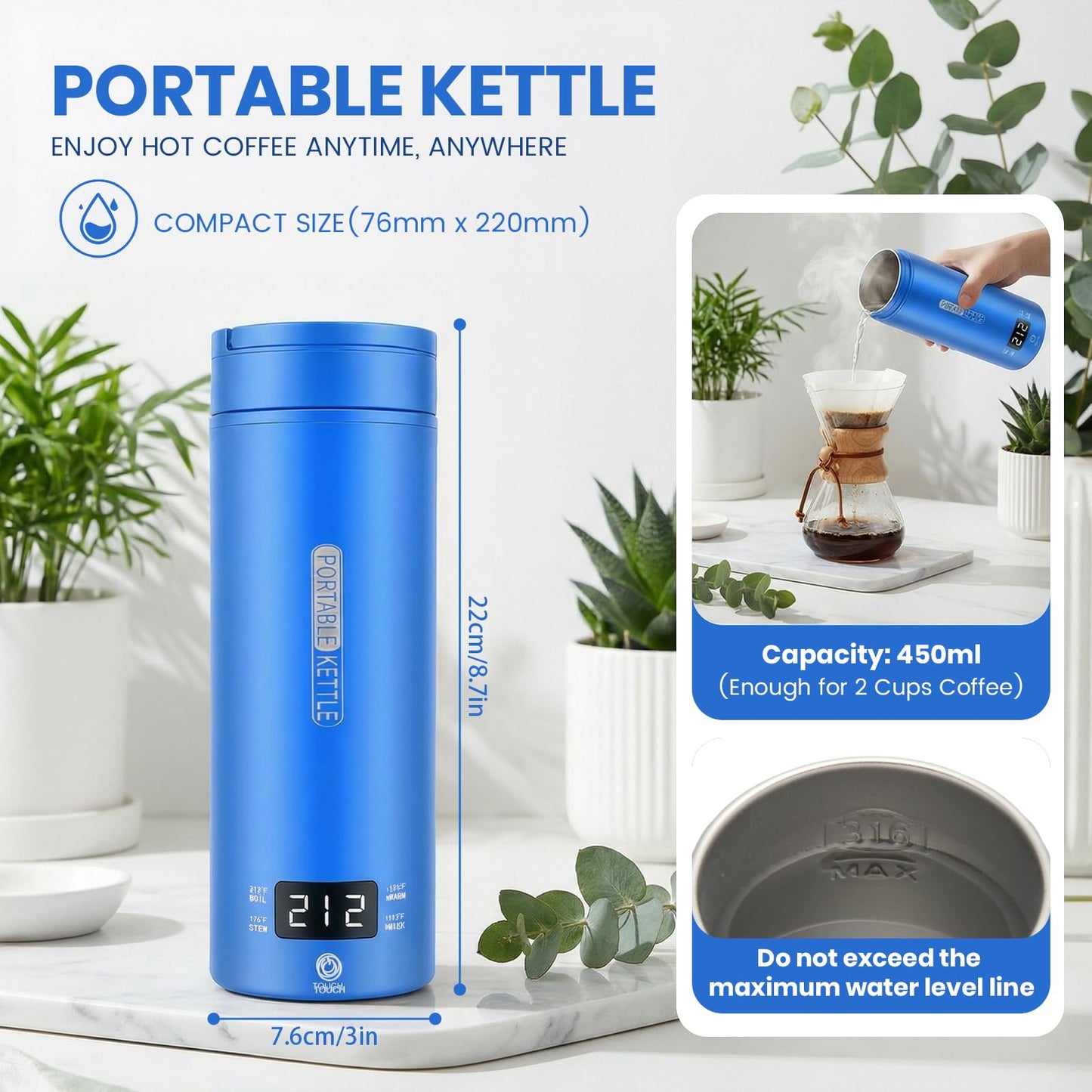 Rzlinn Travel Kettle,Portable Electric Kettle with Temperature Control, Brews Two Cups of Coffee, 316 Stainless Steel Inner Tank, Elegant Blue